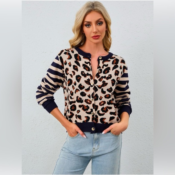 New Women's Striped Leopard Cardigan Button Down Knit - Picture 3 of 3